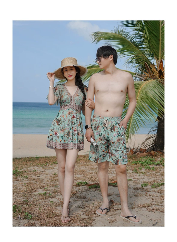 Phiên bản Hàn Quốc mới của đồ bơi cặp đôi xẻ tà dạng váy boxer thép hỗ trợ nâng ngực nhỏ áo tắm nữ quần đi biển nam