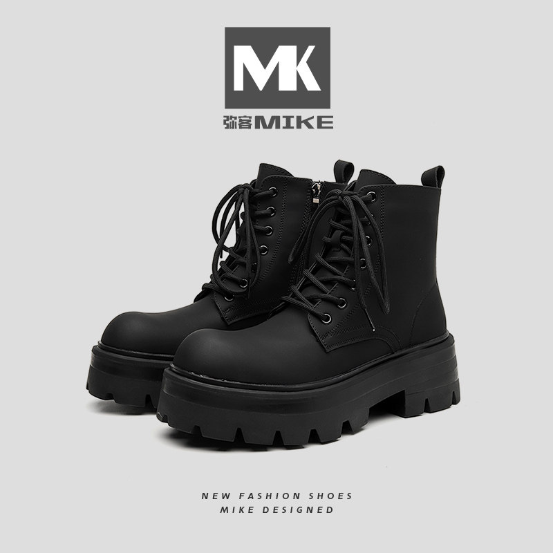 Mikke 2025 Autumn/Winter New Men's Martin Boots British Style High-Top Chunky Shoes with Fleece Lining Black Motorcycle Work Boots