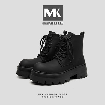 Mikke 2025 Autumn/Winter New Men's Martin Boots British Style High-Top Chunky Shoes with Fleece Lining Black Motorcycle Work Boots