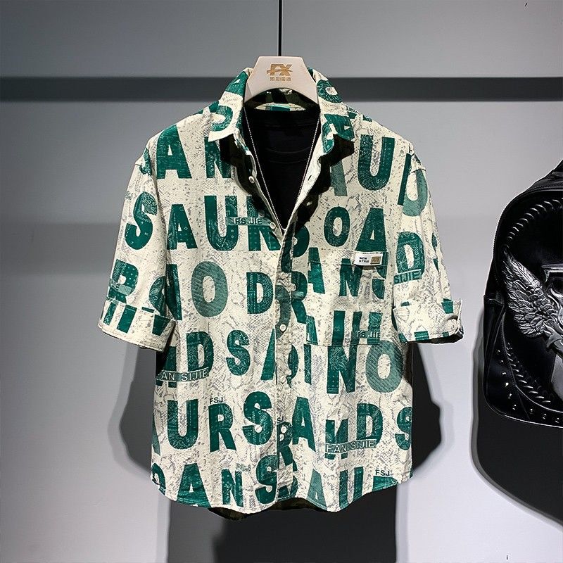 Japanese-Style Trendy Brand Letter All-Over Print Short-Sleeve Shirt for Men, New Summer Casual Versatile Loose and Stylish Top Japanese-Style Trendy Brand Letter All-Over Print Short-Sleeve Shirt for Men, New Summer Casual Versatile Loose and Stylish Top