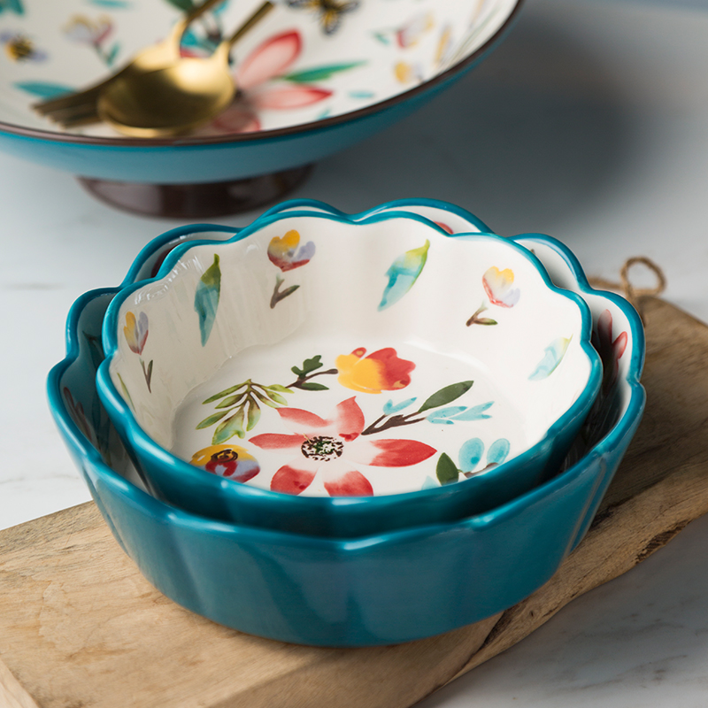 Ceramic bowl under the glaze color ChunYun household tableware tea dessert to use creative high fruit bowl of salad bowl lace