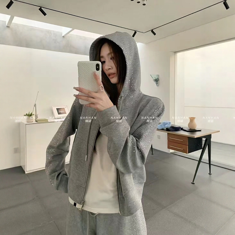 Nanhan 6003 Heavy-Duty Rhinestone Fashion Slimming Casual Suit Spring Hooded Sweatshirt and Sweatpants Two-Piece Set for Women