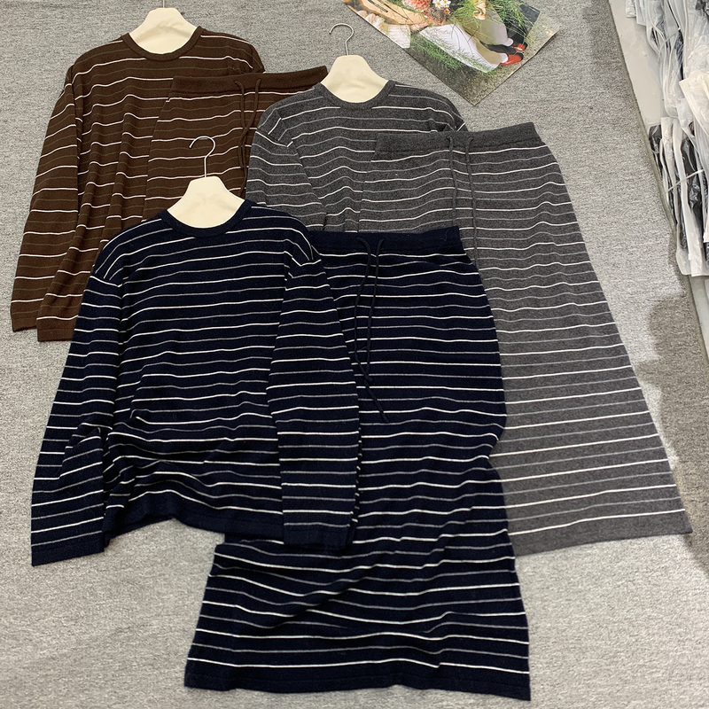 European Goods 26 Autumn New Fashion Simple Style Striped Long-Sleeve 100% Merino Wool Top and Skirt Two-Piece Set for Women
