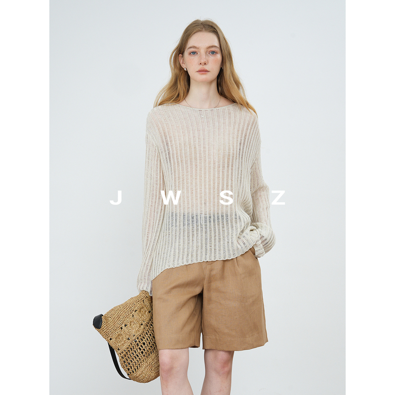 Jwsz French-Style Breathable Linen Tencel Lazy Hollow-Out Thin Comfortable Breathable Cover-Up Knit Top