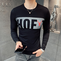 Mens long-sleeved T-shirt Korean slim-fit base shirt Round neck trend tight-fitting printed T-shirt Autumn clothes pure cotton autumn black