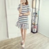 Amano Màu Xanh 2016 Mùa Hè Mới Hàn Quốc Ngọt Lady Leaf Đuốc Tay Áo Sọc Dài Loose Dress