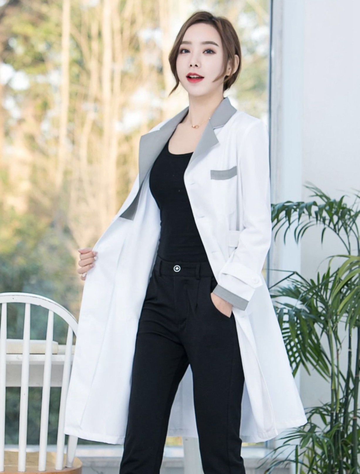 High-end beauty salon beautician work clothes autumn winter style long sleeve drugstore white large coat with short sleeve tattoo embroidered beauty suit 