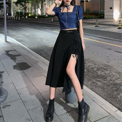 大码黑暗系侧开叉半身裙女黑色长裙不规则设计感小众中长款裙子