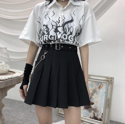 朋克风暗黑系链条百褶裙女春夏a字显瘦工装短裙子大码半身裙胖mm