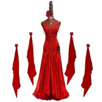 New high-end modern dance competition clothes performance clothes performance clothes big fish bone curl dance dress red embroidered crystal