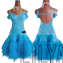 New Latin dance competition costume costume competition suit lake water blue ostrich hair dance princess sleeve female custom children