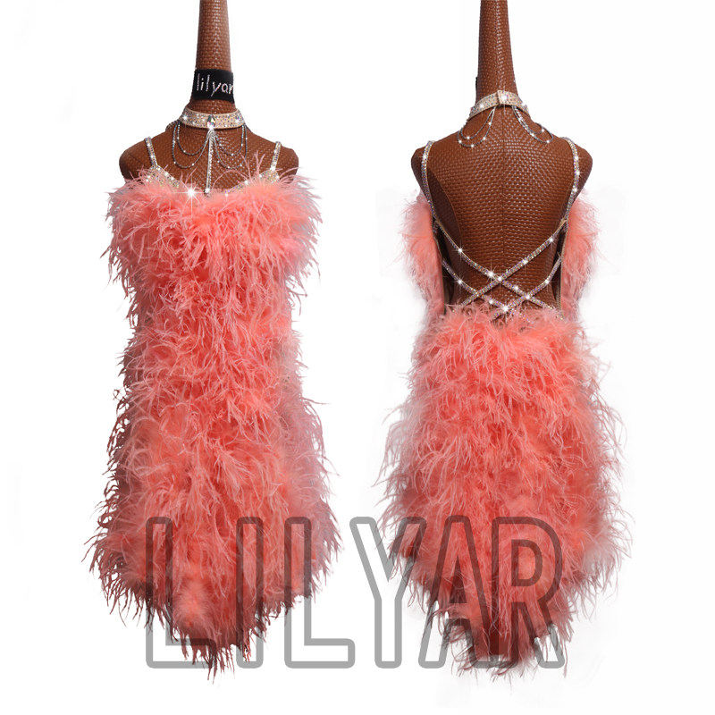 Li Liya's new high-end Latin dance competition suit women's orange pink ostrich hair performance suit flash drill strap