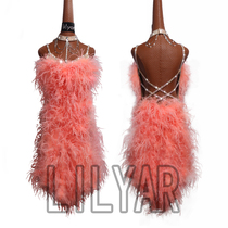 Li Liyas new high-end Latin dance competition suit womens orange pink ostrich hair performance suit flash drill strap