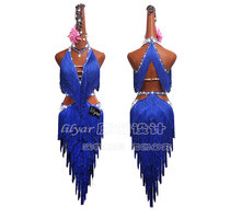 Belly dance Latin dance competition suit performance dress dance dress inspiring adult female royal blue tassel dress embroidery