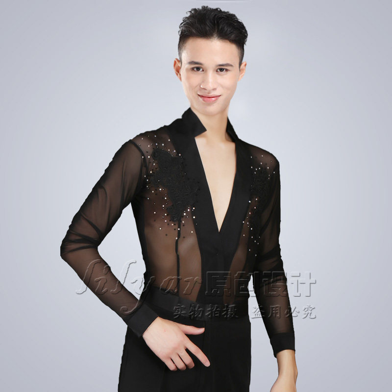 New Latin Dance Men Show Long Sleeve V Link Clothes White Change Yarn Hollow Black Embroidery Top