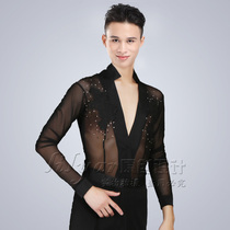 New Latin dance clothes mens performance clothing long sleeve mesh hollow black embroidered top performance clothing bright diamond