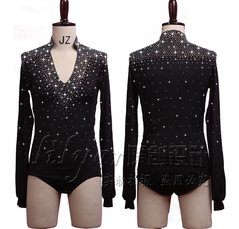 Jiahuxin men Latin dance coat shows coat shirt black V-collar all body Middle East drill