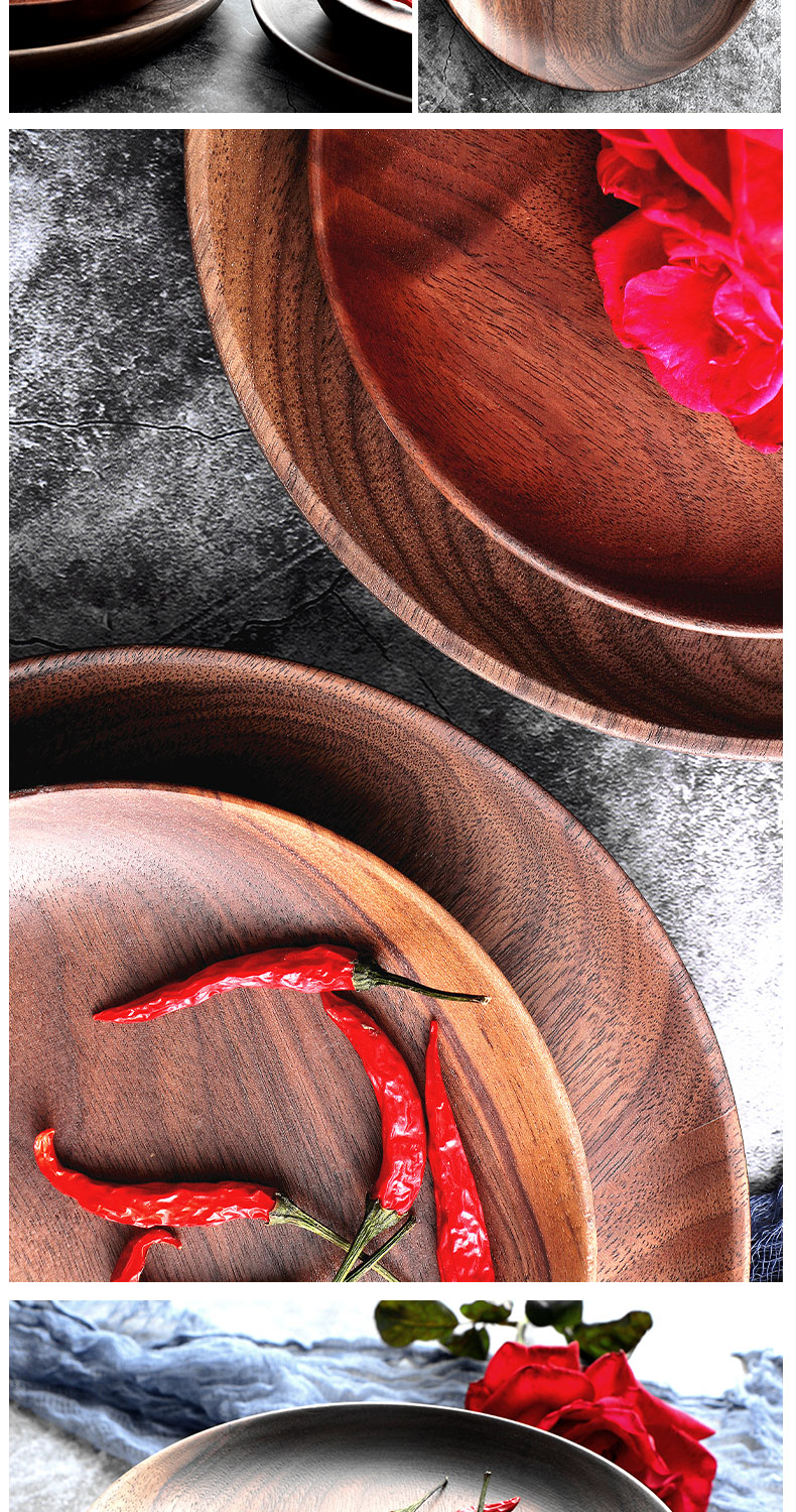 Black Walnut Wood Khay vuông Hộ gia đình Khay tròn Nhật Bản Gỗ rắn Trái cây Bánh mì Cup Toàn bộ Tấm gỗ - Tấm thìa gỗ