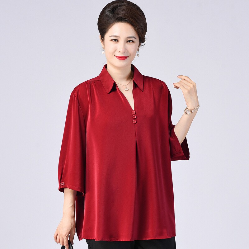 Plus-Size Mother-Of-The-Bride Outfit, Seven-Quarter Sleeve T-Shirt, Spring Dress for the Mother-In-Law, Conceals Belly Fat, Top Plus-Size Mother-Of-The-Bride Outfit, Seven-Quarter Sleeve T-Shirt, Spring Dress for the Mother-In-Law, Conceals Belly Fat, Top