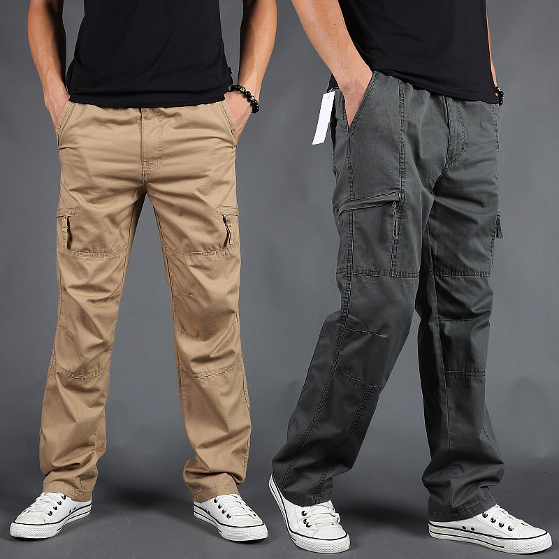 Autumn and winter pure cotton casual straight overalls men's loose large size multi-pocket outdoor thin long trousers men