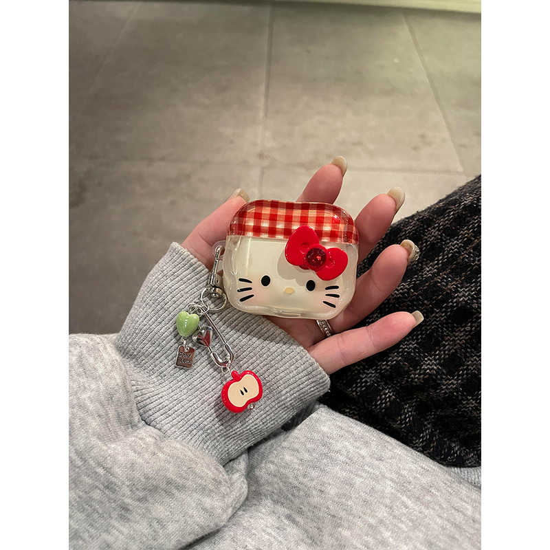 Red Plaid Cartoon Cute Kitty Cat Bow Suitable for Apple Pro3 Wireless Bluetooth Airpodspro Earphone Case 4Th Generation Soft Airpods1/2 Silicone Airpods3 Protective Case Pro2