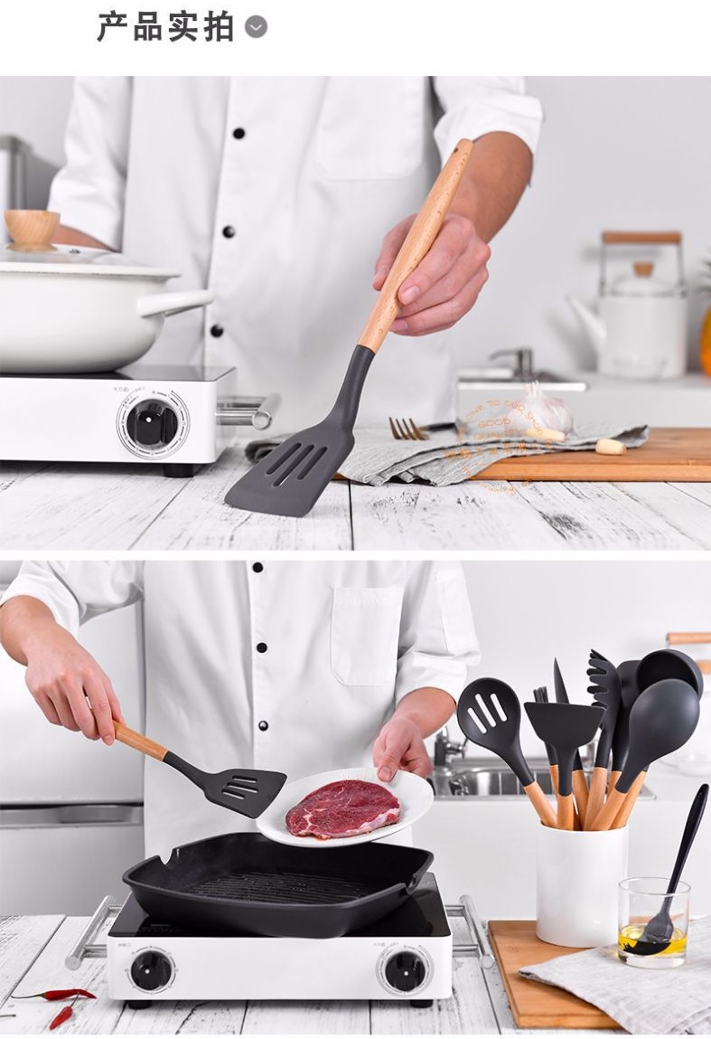 Tay cầm bằng gỗ silicone thìa không dính nồi nhiệt độ cao cấp thực phẩm silicone đồ dùng nhà bếp đặt muỗng thìa xẻng - Phòng bếp giá đựng gia vị