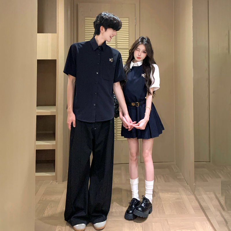 Korean-Style College Couple Outfits Summer Short-Sleeved Shirt Jk Uniform Set Vest Pleated Dress One Shirt One Skirt