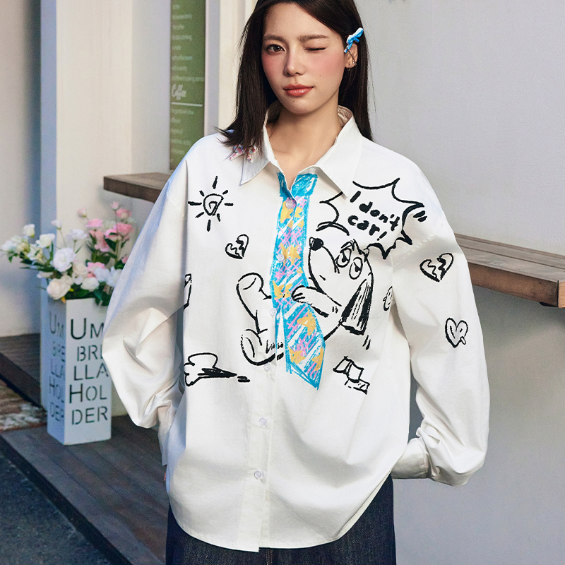 Hacr Hand-Painted Graffiti Tie Puppy Shirt, Spring and Autumn Loose-Fitting National Trend Brand Trendy Couple Long-Sleeved Shirt