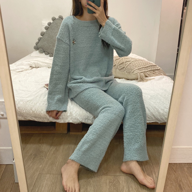 Fur Plush Pajamas Woman Autumn Winter Thickened Soft Cotton Suit Cute Flowers Warm Coral Suede Home Clothes Girl