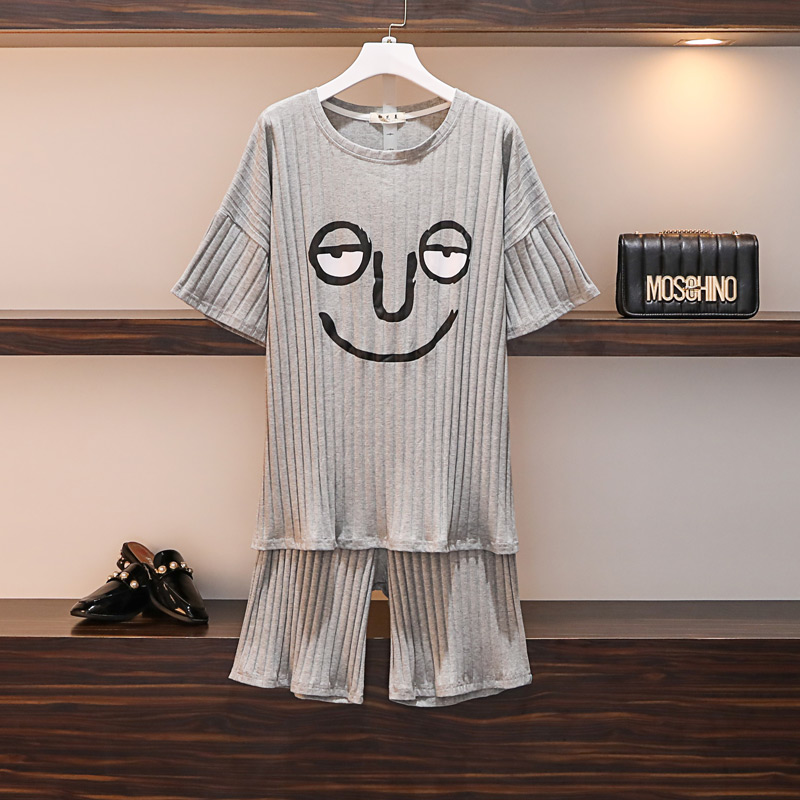 Pajamas women's summer short-sleeved cotton two-piece suit plus size fat MM200 catties cartoon home clothes pregnant women plus fertilizer