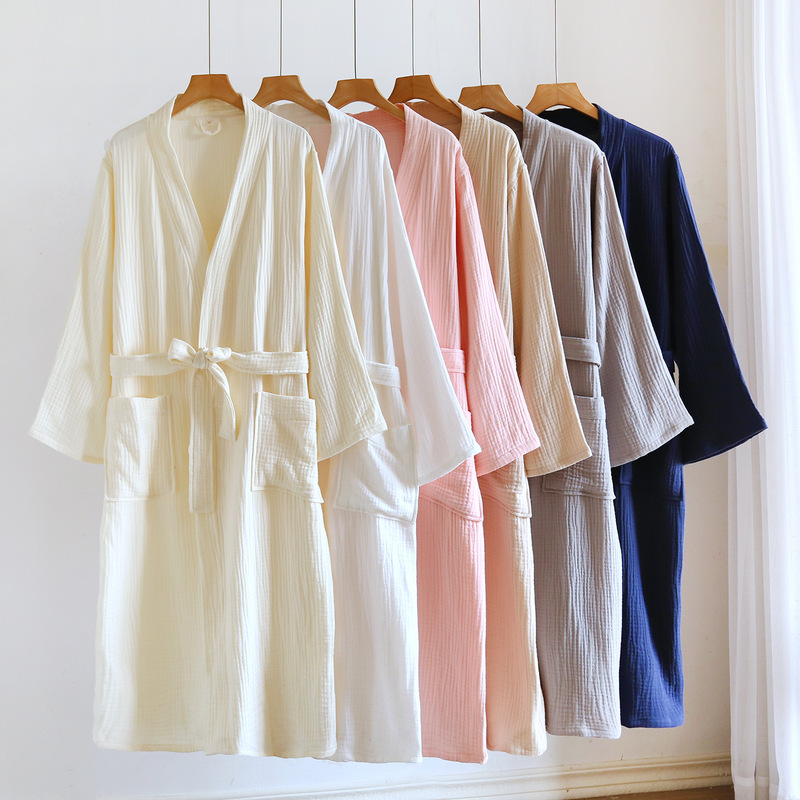 Three-Layer Crepe Belt Couple's Nightgown, All-Cotton Gauze Men's and Women's Bathrobe, Absorbent Cotton Bathrobe, Home Wear Robe