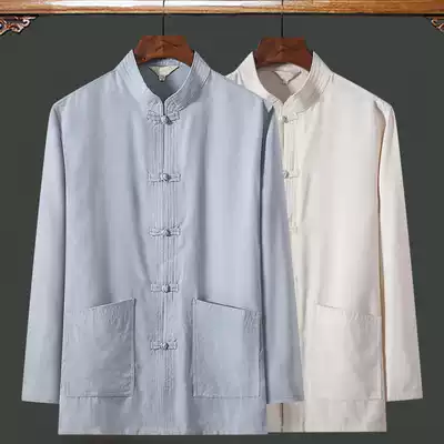 Tang suit shirt men's long sleeve cotton linen coat middle-aged and old spring and autumn thin father dress Chinese style grandfather linen shirt