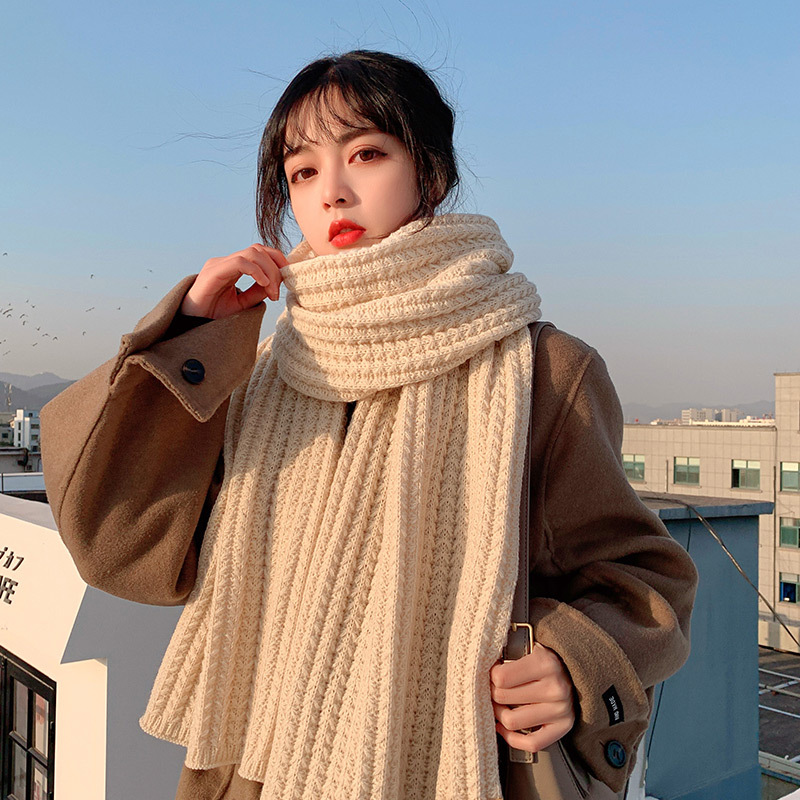 New Solid Color Scarf for Women, Winter Korean Style, Versatile, Thickened, for Young People, Students, Couples, Warm Knitted Wool Neck Warmer