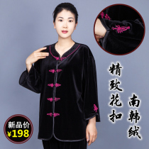 New South Korean velvet flower buckle Taiji clothing female gold velvet spring and autumn middle-aged and elderly Taijiquan practice suit martial arts clothing