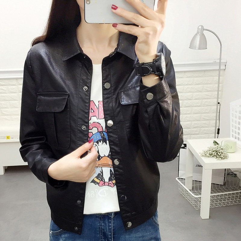 Da PU da ngắn áo khoác nữ mùa xuân và mùa thu 2018 phụ nữ mới của Hàn Quốc dài tay ve áo giản dị hoang dã áo khoác da nữ