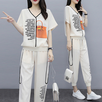 Large size womens casual sports suit 2021 new summer fat sister cover belly age slim two-piece set