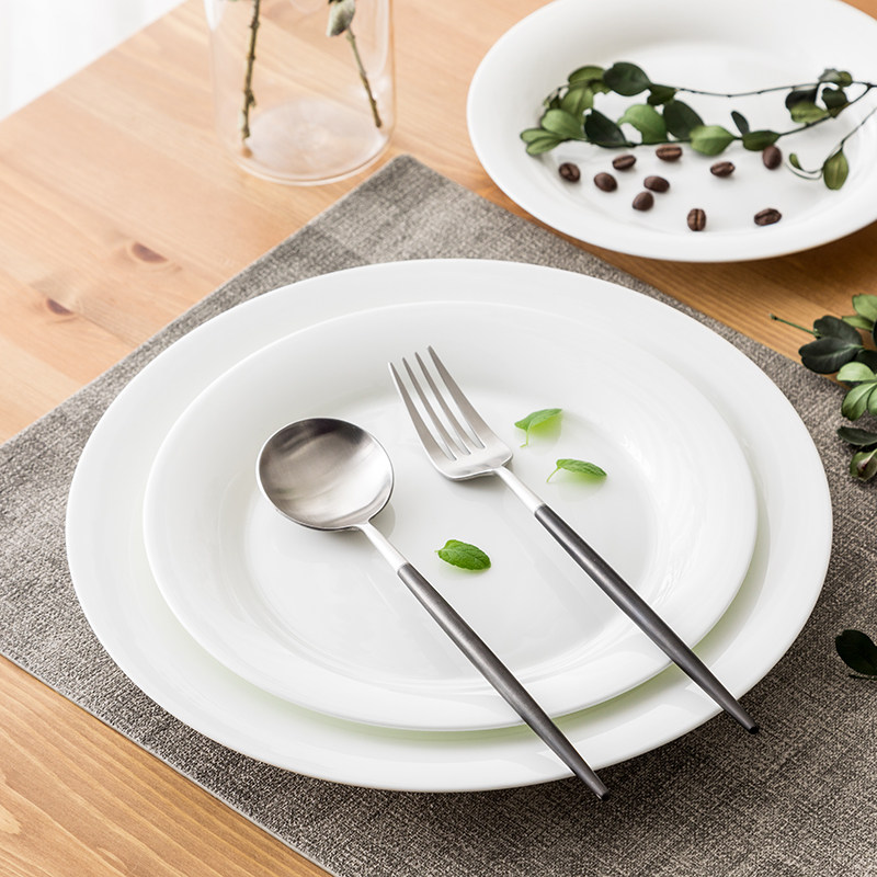 Japanese-style pure white Western dish household bone ceramic circular dish dessert dish steak cutter and fork plate suite
