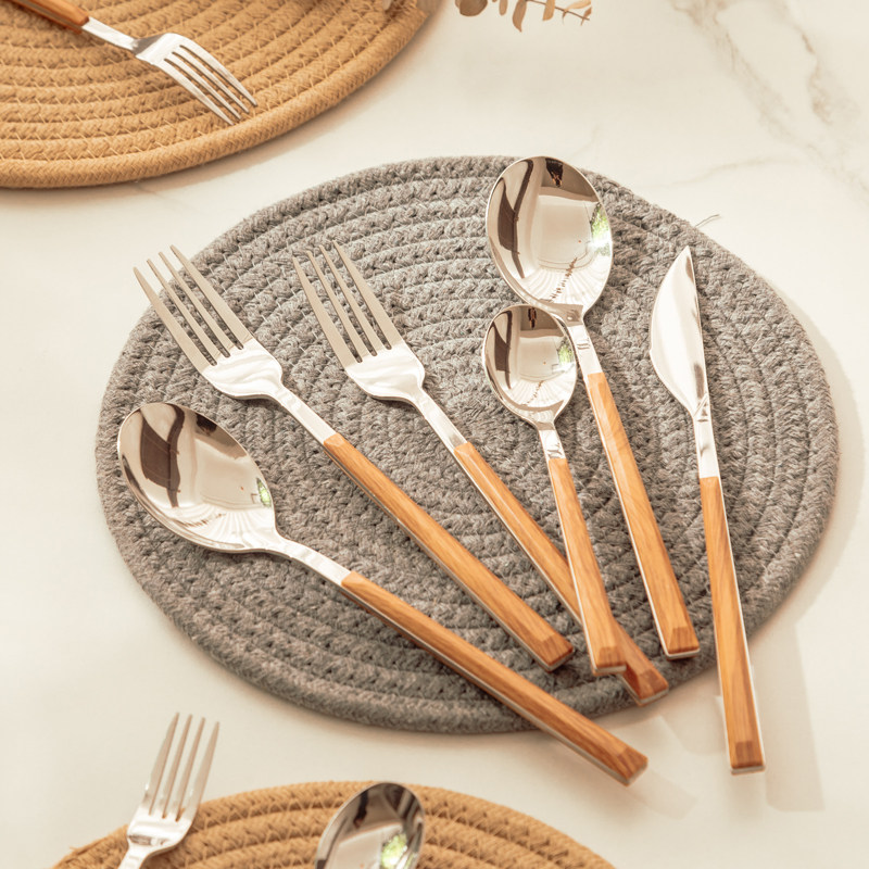 ins - Stainless Steel Wood Handle Two Pieces of Western Dishes Three Pieces Set of Retroit Steak Fork Spoon