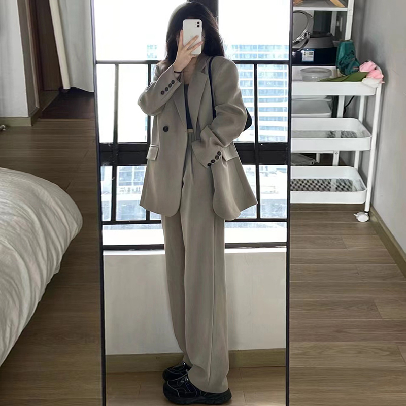 Gray Suit Set for Women, High-End Feel, 2026 New Style, Petite Casual Blazer Jacket and Wide-Leg Pants Two-Piece Set