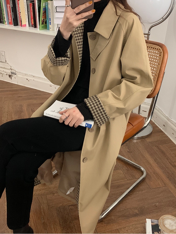 Khaki Trench Coat for Women 2026 New Spring and Autumn Mid-Length Petite Plaid Popular Chic Early Autumn Coat