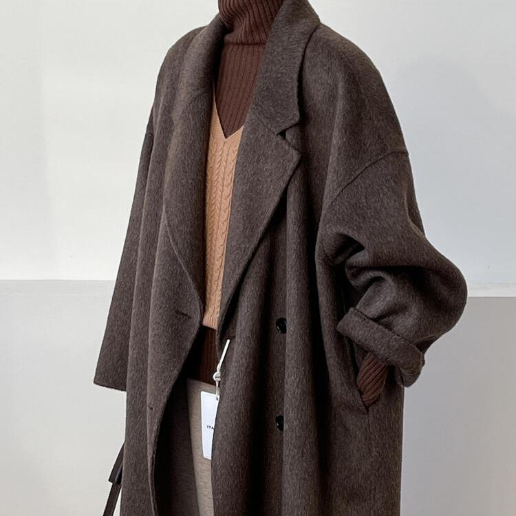 高級コーヒー色の両面カシミアコート、ミドル丈、2024年秋冬新作韓国風レイジースタイルウールコート