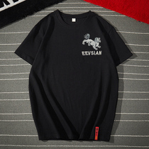 China Wind Summer Mens Clothing Embroidery Kirin Black Loose Clothing Big Code Fat Sub Half Sleeve Trend Short Sleeve T-Shirt Man