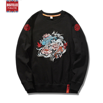 National tide thin long sleeve sweater mens round neck Chinese style carp embroidery spring and autumn large size loose casual mens tide