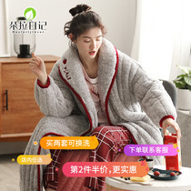 Long dressing gown women autumn and winter cotton three-layer warm winter nightgown padded velvet coral velvet plus cotton bathrobe