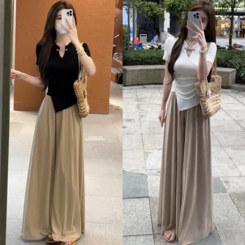 Summer Outfit Set for Women: New Chinese-Style T-Shirt + Wide-Leg Pants Two-Piece Set, Elegant Goddess Style High-End Set
