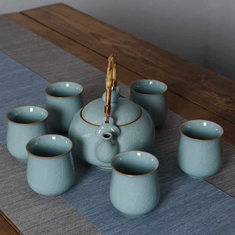 Green porcelain large capacity Tiliang jug Kung fu tea furniture Domestic crack cold water pot 700ml tea cup delivery tea tea set group
