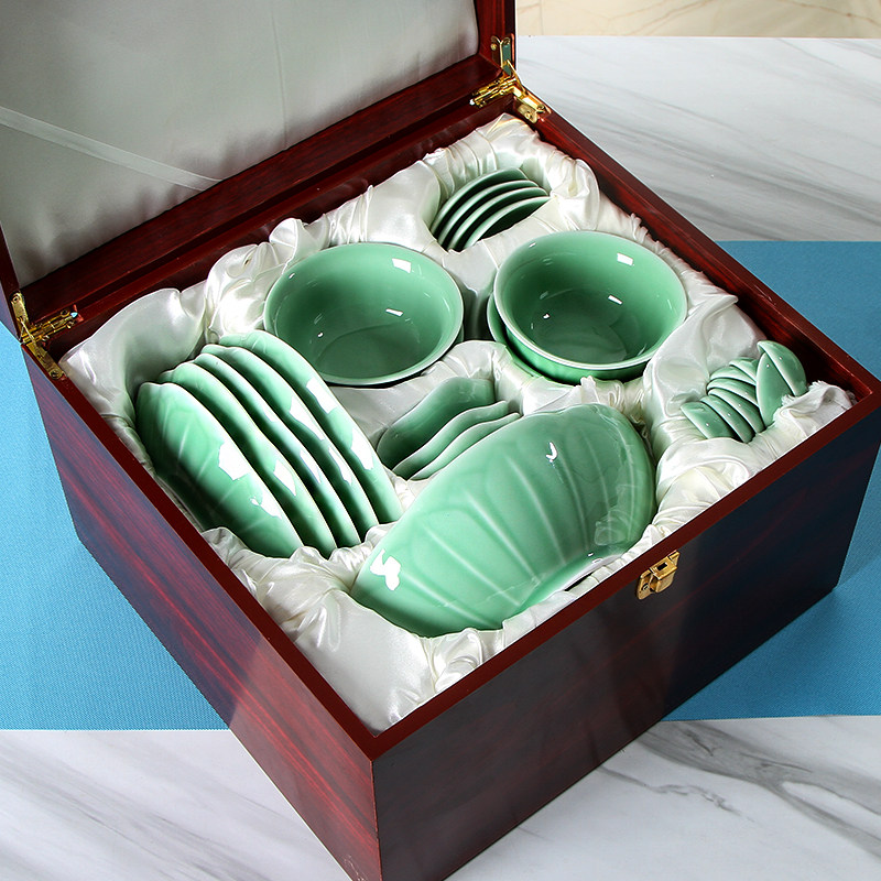 Green Porcelain Cutlery Bowl Ceramic Rice Bowl of Dish Suit Porcelain Joe transfer courtesy microwave oven Chinese whole set