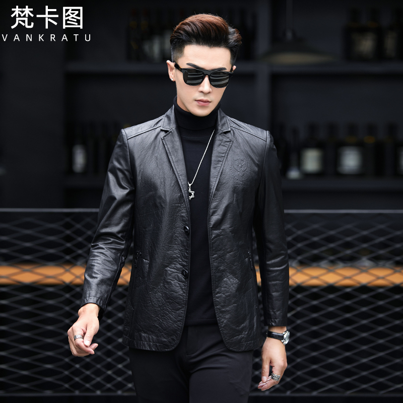 New Haining Genuine Leather Jacket for Men, Top Layer Cowhide Fashion Leather Jacket, Slim Fit Suit Jacket for Autumn and Winter, Trendy