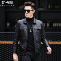 New leather jacket locomotive clothes mens dermis leather clothing short section of body oil wax cow leather Han version handsome winter jacket