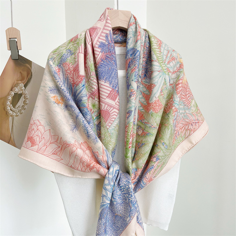 Tropical Rainforest Fubao Double-Sided Two-Tone Silk Wool Large Square Scarf Autumn and Winter Warm Velvet Silk Wool Scarf Women's Shawl